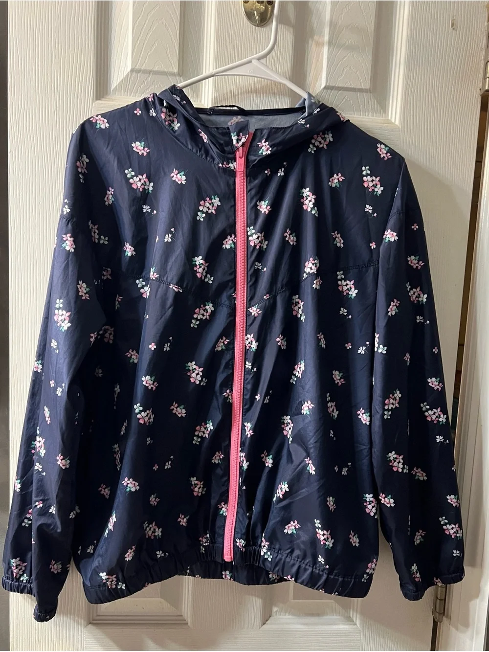 Gap Girls XXL Navy Floral Hooded Lightweight Jacket with Pink Zipper